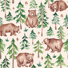 Forest seamless pattern hand drawn with watercolor. Woodland animals digital paper. Brown bear and pine trees background for wrapping paper, scrapbook paper, fabric paper