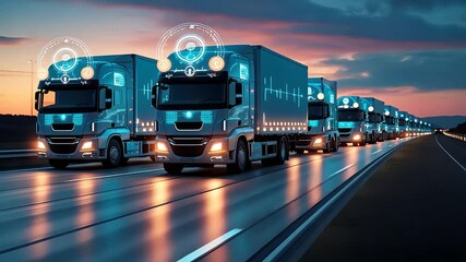 Futuristic Self-Driving Trucks on Highway at Sunset with Glowing Digital Interfaces for Autonomous Logistics and Transportation - Powered by Adobe