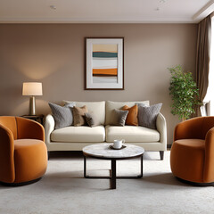 Modern living room featuring a cozy beige sofa with decorative cushions, stylish orange armchairs, a round coffee table, and a contemporary artwork on the wall, creating a warm atmosphere