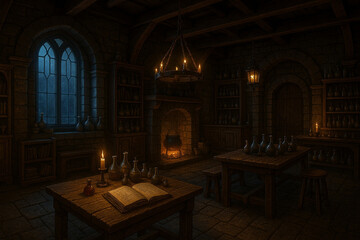 Wizard's Study – Rustic stone chamber with wooden beams, shelves of ancient books, a candlelit table with potions and a glowing spellbook. Ideal for RPGs and magical storytelling.