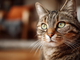 Elegant Gaze of a Tabby Cat: Capturing the serene beauty of a tabby cat, its emerald eyes exude a sense of tranquility and grace, inviting a deeper connection.