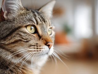 Feline Contemplation: Captivating close-up captures a domestic cat in a moment of serene reflection, its eyes gazing thoughtfully with a hint of curiosity.