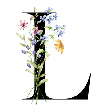 Floral monogram, letter L, alphabet with wildflowers, Initials perfectly for logo, wedding invitation, greeting card, poster and other design. Digital illustration hand drawing.