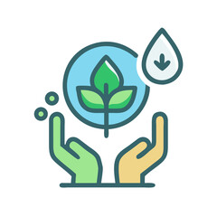 Hands holding plant under a water droplet: Ecology concept