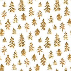 Seamless pattern with golden Fir trees and pines. Golden christmas trees digital paper hand drawn with watercolor. Abstract hand painted design for Christmas textile, fabric, wrapping paper