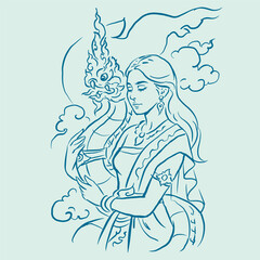 Asian girl with Naga vector for illustration decoration card