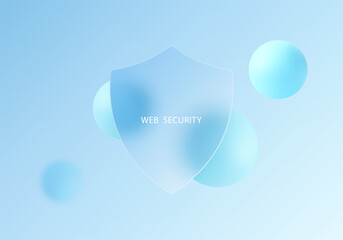 Web security shield with floating 3D spheres in soft blue