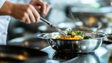 Chef plating food in busy kitchen