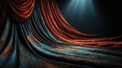 Dramatic and elegant scene showcasing two luxurious curtains in rich teal-blue and deep red-orange tones, adorned with intricate golden-brown floral and vine-like patterns. The heavy, sumptuous fabric