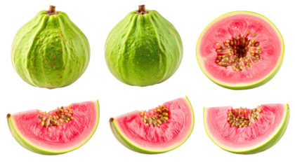Set of guava whole, quartered and sliced, isolated on transparent background
