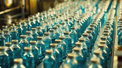 Rows of small glass vials filled with blue liquid move along an industrial production line