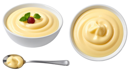 Vanilla pudding with raspberry and mint in white bowl with spoon on transparent background