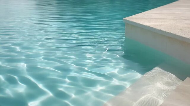 serene view of crystal clear swimming pool with ultrabright light bottom showcasing soft white sand beneath