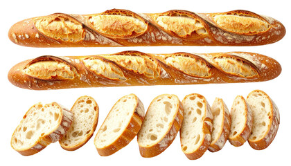 Two baguettes and slices isolated on transparent background