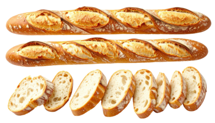 Two baguettes and slices isolated on transparent background