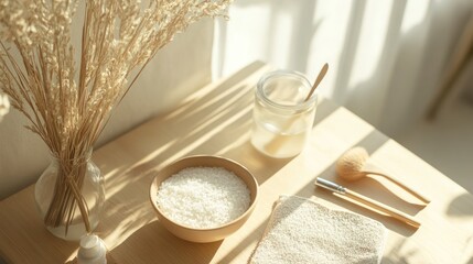 Sunlit spa table, rice facial, wooden tools, pampas grass