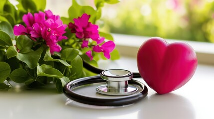 Pink heart, stethoscope, flowers, window, healthcare
