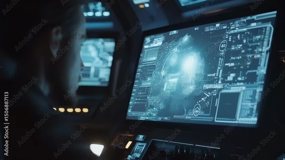 Poster spaceship pilot observing a planet surface on futuristic control panel with holographic interface, a