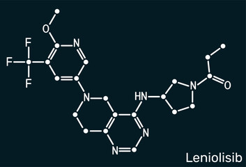 Leniolisib molecule. PI3K delta inhibitor used for treatment of APDS immunodeficiency. Dark blue background. Vector illustration