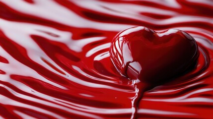 Red heart chocolate melts in rich sauce; romantic backdrop