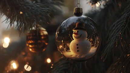 Snowman ornament hanging on Christmas tree, warm lights bokeh background, festive holiday decoration