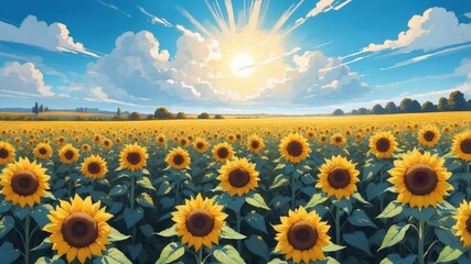 Obraz premium Sunflower Field Sunset Landscape: Vibrant Yellow Blooms and Scenic Skies in Rural Summer Harmony