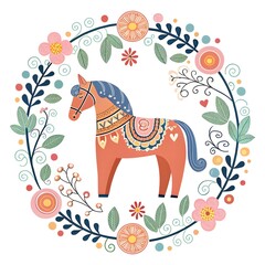 Fototapeta premium Dala Horse in Bloom – Springtime Folk Icon, dala horse art, nordic spring folk, scandinavian floral pattern, folk icon illustration, modern swedish design, awe, surreal, elegance, majestic, ethereal