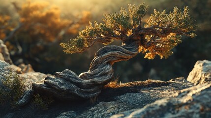 Twisted bonsai tree on rocks