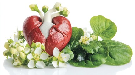 Heart model, flowers, sprouting, nature, studio, white background, health concept