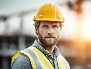Fototapeta premium A confident construction worker, adorned in a yellow hard hat and high-visibility vest, gazes toward the camera.