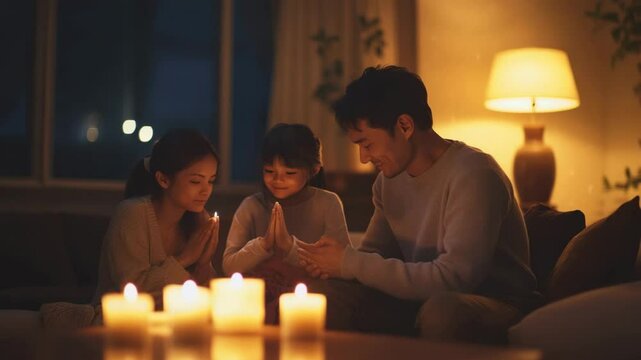 A family of three sitting on a couch in a dimly lit room. The man is holding the child's hand and the woman is praying