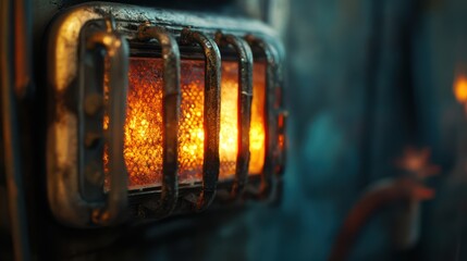 Glowing Vintage Heater Element Close-up, Industrial Setting, Background Blurred