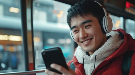 Smiling man bus headphones phone city commute