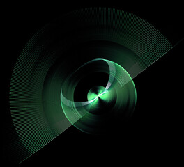 Abstract green striped propeller on a black background. Icon, logo, symbol, sign. 3D rendering. 3D illustration.