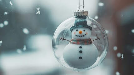 Snowman ornament hanging window, snowing outside, winter holiday card