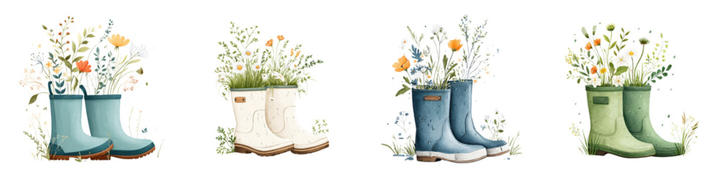 A tranquil outdoor scene featuring vibrant blooming flowers lush greenery and a pair of rain boots evoking the renewal and growth of springtime in nature