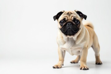 Fototapeta premium A single pug, facing forward, on a plain white backdrop, canine, face