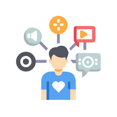 Man with social media icons representing diverse digital content