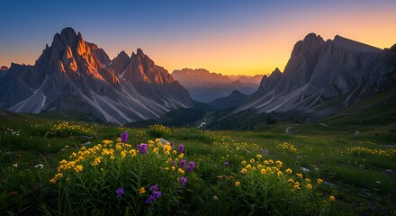 A stunning panoramic view of a mountain range at sunrise or sunset, revealing sharp peaks, a deep valley, and a vibrant field of wildflowers in the foreground.