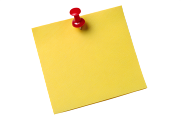 yellow sticky note with push pin isolated on transparent white background
