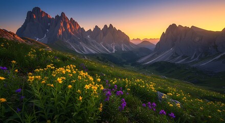 A dramatic mountain valley, possibly in the Dolomites, is bathed in alpenglow, highlighting sun-kissed peaks and a foreground of vibrant wildflowers at sunrise or sunset.