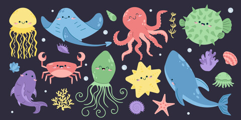Funny marine animals vector set hand drawn sea life. whale squid octopus stingray jellyfish crab fish eel fish starfish shells seaweed cute ocean doodle isolated dark background