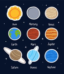 vibrant sticker pack featuring the Sun and all colorful planets of the solar system. playful space graphics for digital use for kids, educators