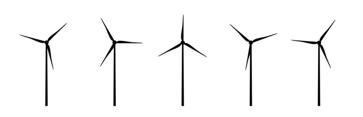 Set of simple black silhouettes wind turbines. Wind towers with vanes for producing renewable alternative natural energy isolated on white background. Windmills for eco energy. Vector illustration