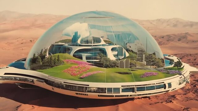 Large dome habitat with futuristic buildings floats over Mars-like surface