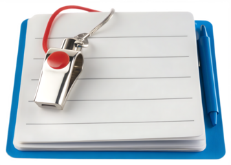 Sports whistle and empty pages  isolated on white background PNG