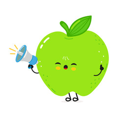 Funny Green Apple cartoon character holding megaphone making announcement, advertising healthy food, isolated on white background