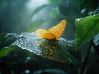 Butterfly rests on a dewy green leaf in a lush forest during morning fog at dawn