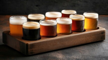 Variety of craft beers served in tasting glasses on wooden flight board in dimly lit setting