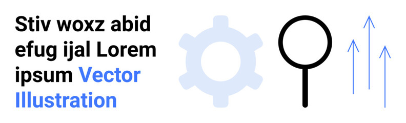 Gear symbolizing tools, magnifying glass for search, and ascending arrows for growth. Ideal for innovation, strategy, analysis, business solutions, research, progress simple landing page